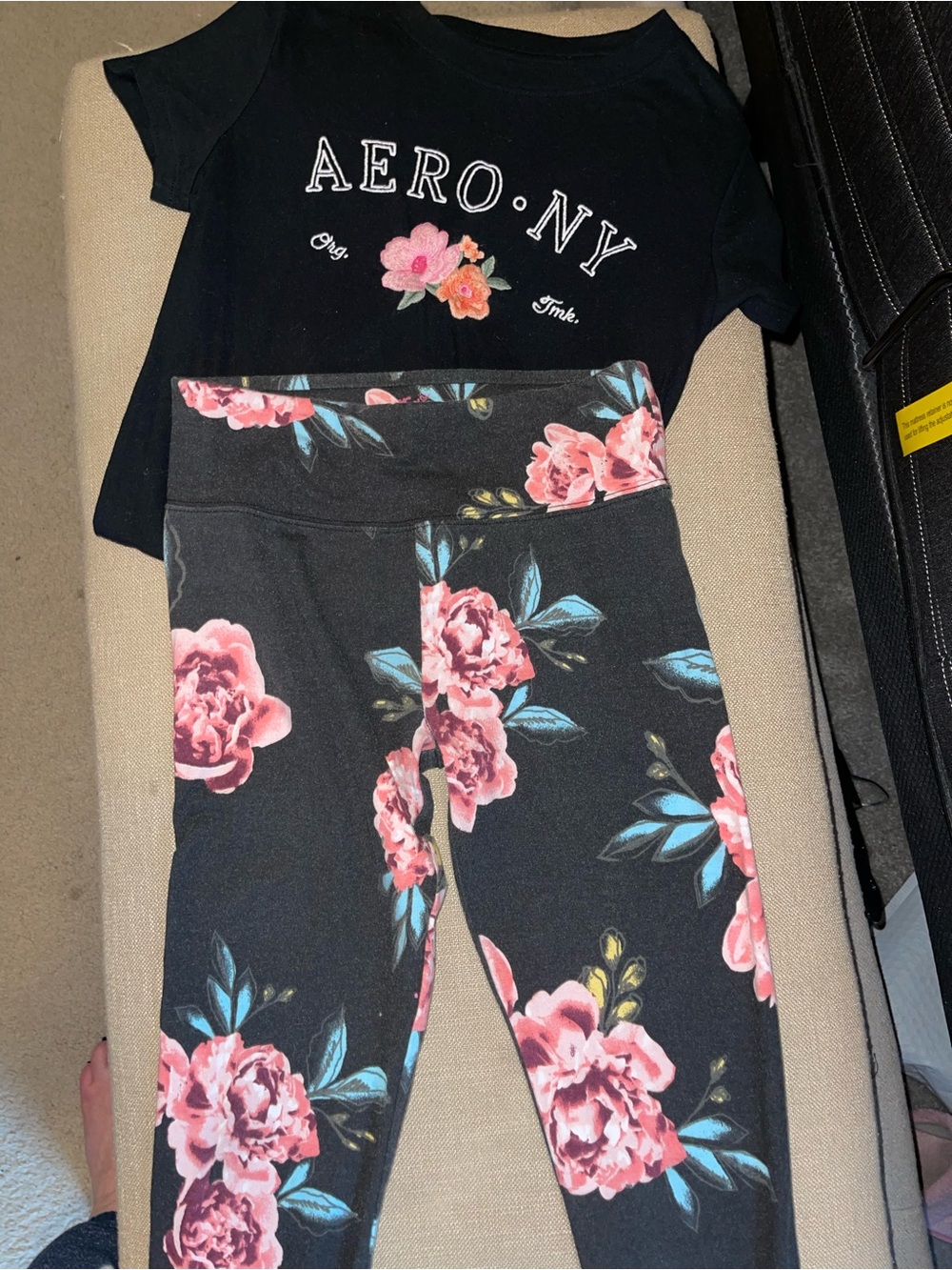 Justice Black Floral Leggings with Pink Rose Aeropostale T-shirt
